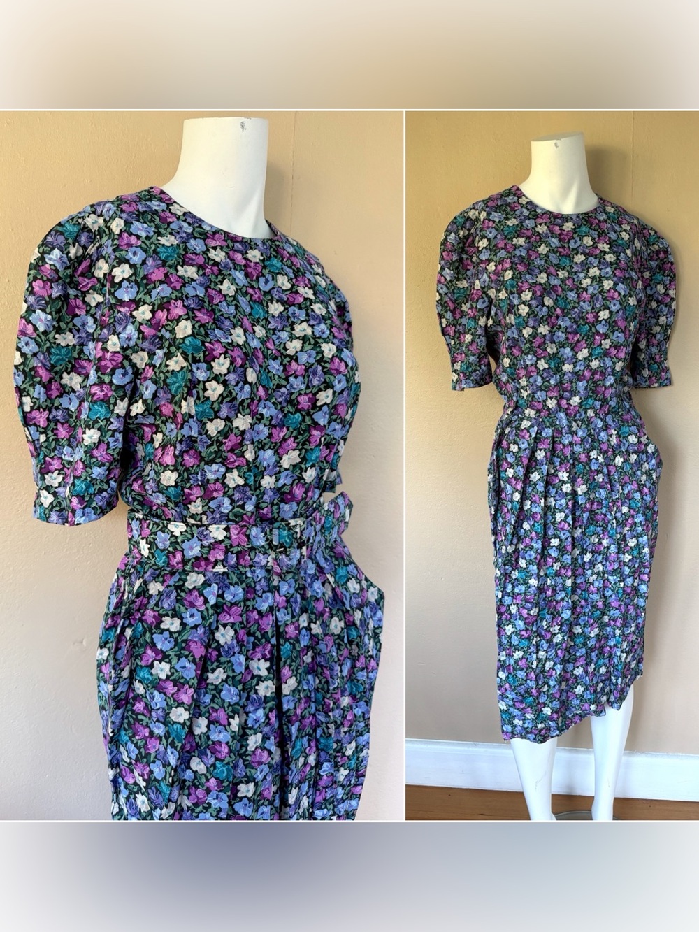 Vintage Floral Puff Sleeve Midi Dress | 80’s Belted Pleated Secretary Dress